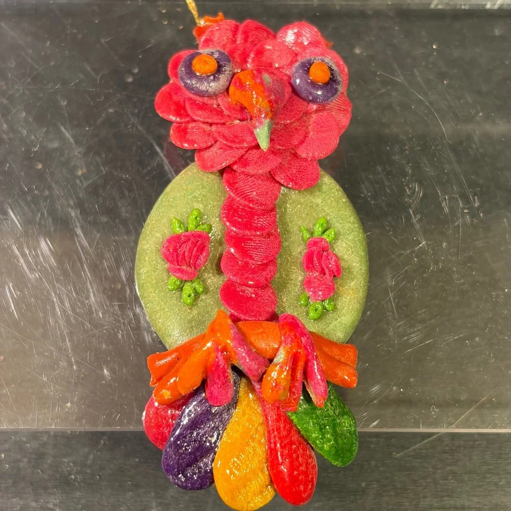 Handcrafted Bread Dough Bird Ornament Colorful Folk Art Floral Detail 4.25 Inch